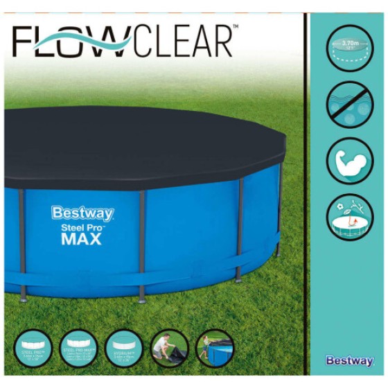 Bestway Flowclear Penutup Kolam Renang Bulat di Atas Tanah 366 cm – Abu Arang, Lubang Drainase, Tali Pengikat, Bahan PVC Tahan Lama 58037